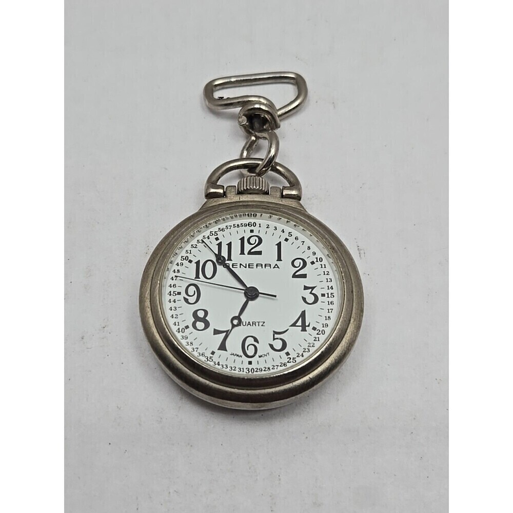 Vintage Generra Quartz Pocket Watch Military Time Dial Silver Case New Battery